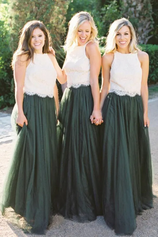 Two Piece Lace Bodice Tulle Skirt A Line Custom Bridesmaid Dress