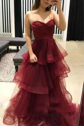 Unique Sweetheart Burgundy Ruffles Organza Layered Skirt Prom Dresses