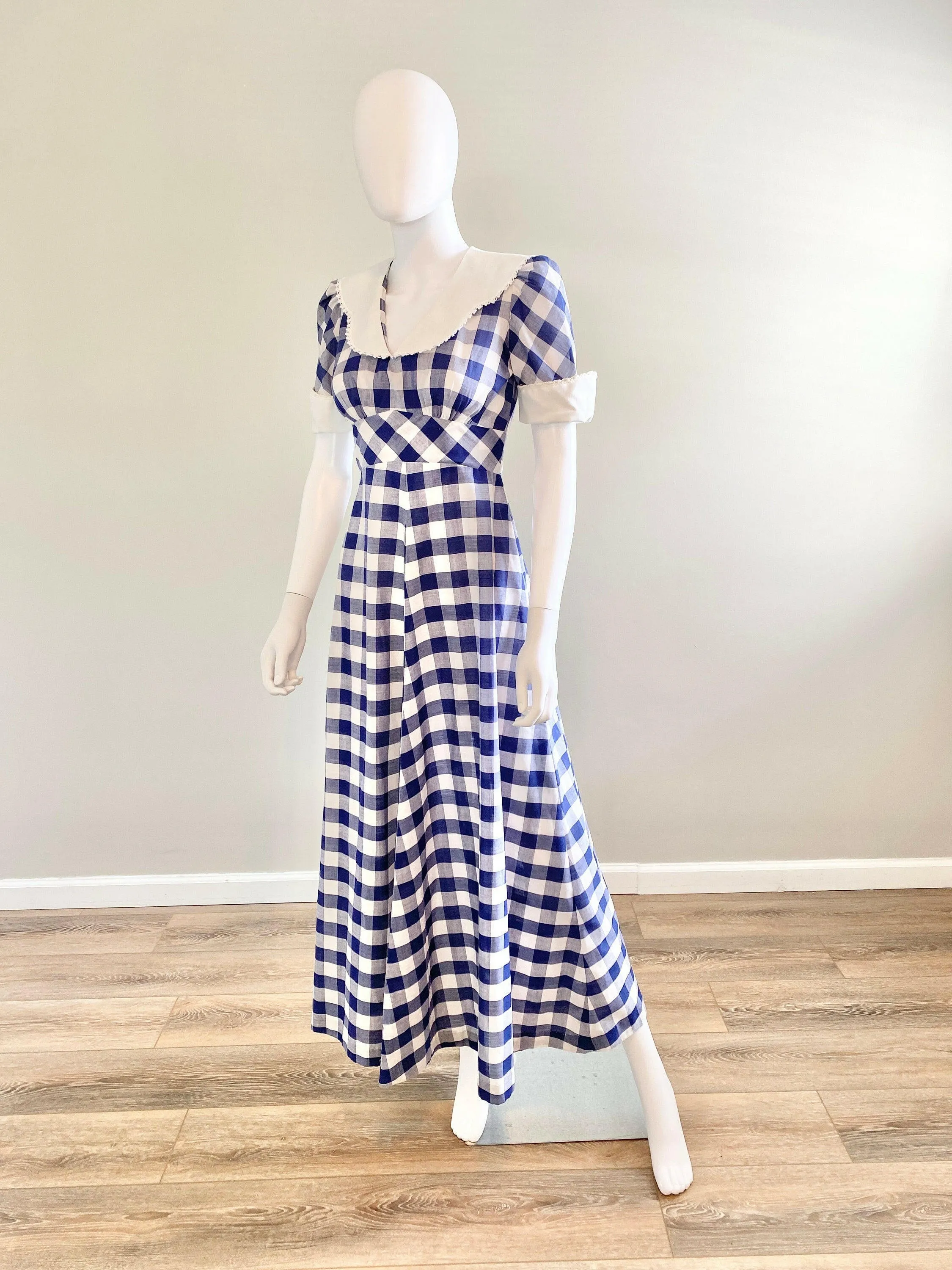 Vintage 1970s Navy Gingham Puff Sleeve Dress / 70s does 1930s Party Dress / Size S M