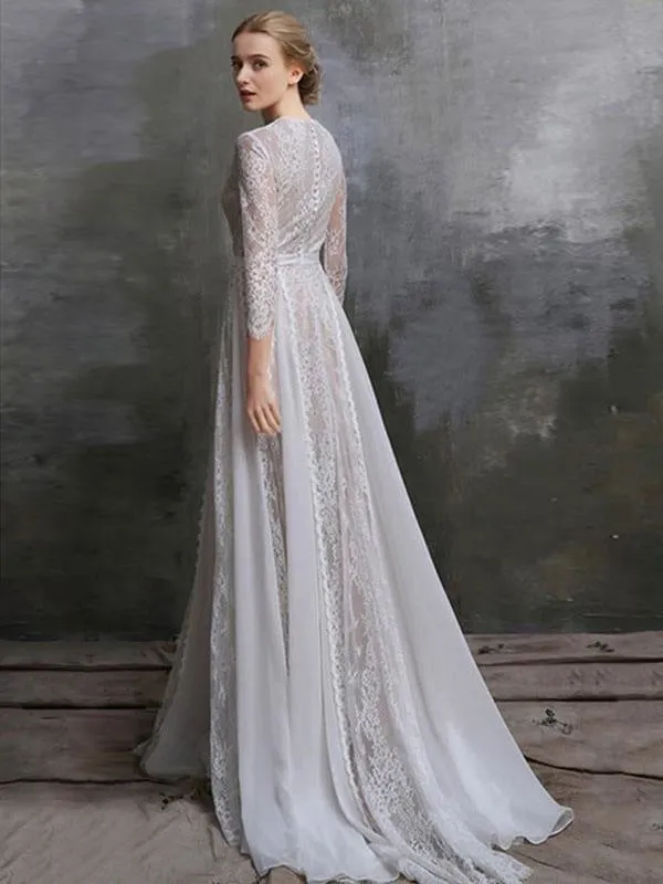 Wedding Dress With Train A-Line Long Sleeves Chiffon Jewel Neck Ivory Bridal Gowns